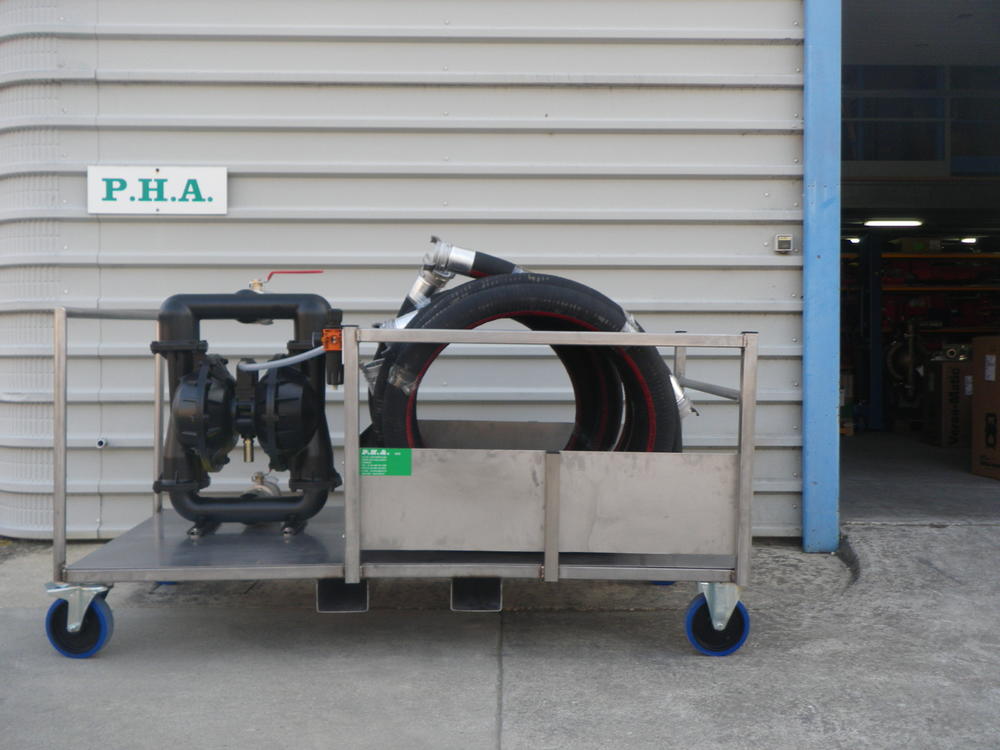 Pompe pneumatique à membranes sur chariot de transport avec flexibles - E3 Aluminium / Buna - 